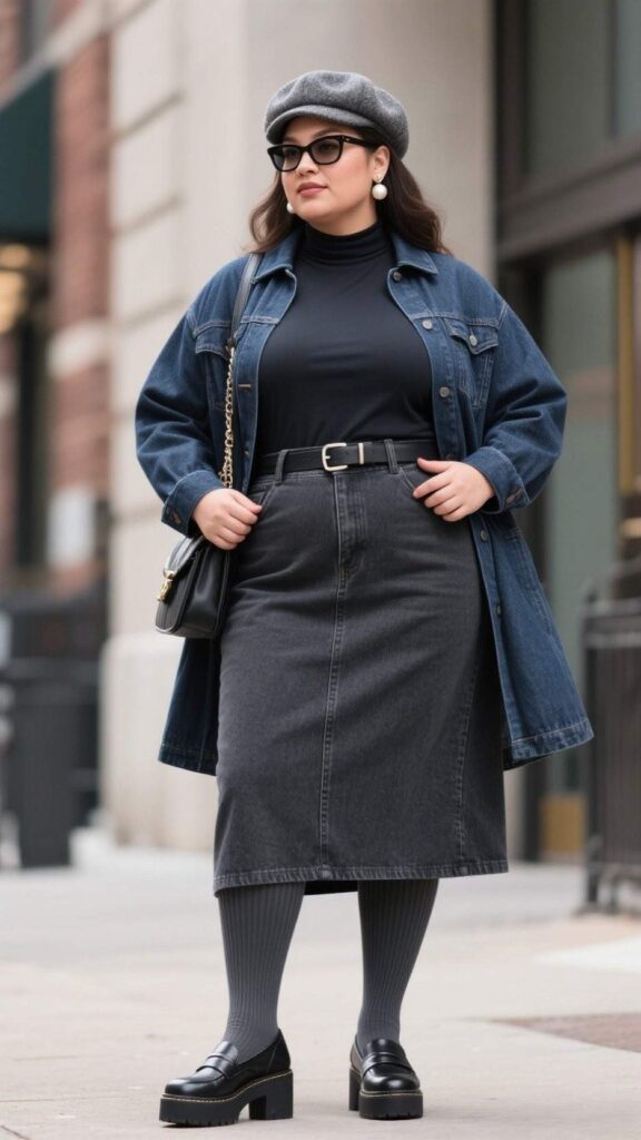 Wool Newsboy Cap + Rectangular Sunglasses + Longline Denim Shacket + Jersey Mock-Neck + Charcoal Jean Skirt + Ribbed Tights + Platform Mary Janes + Waist Belt + Shoulder Bag + Pearl Earrings
