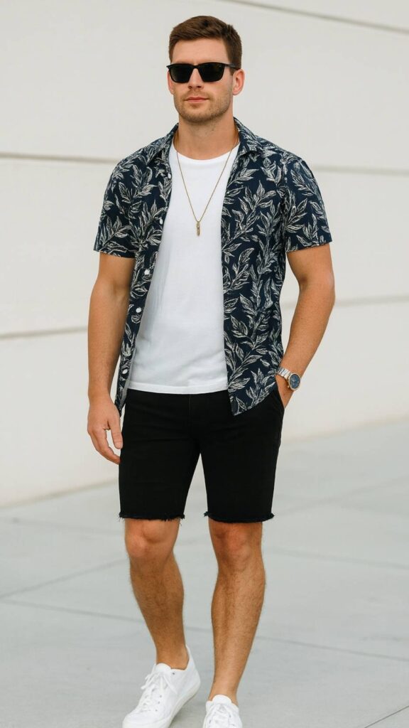Floral Navy Shirt + White Tee + Black Denim Shorts + White Sneakers + Pendant Necklace