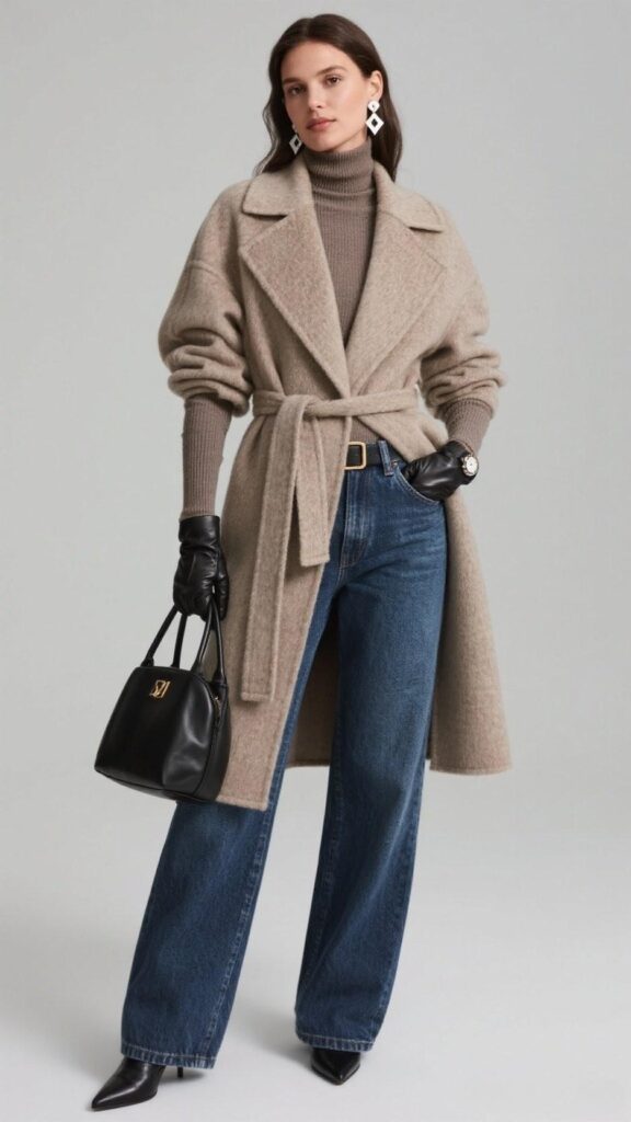 Mock-neck top + wool wrap coat + wide-leg jeans + pointed ankle boots + leather shoulder bag + sculptural stud earrings + leather gloves + thin thermals + slim belt + watch