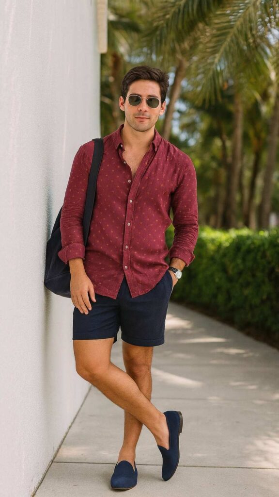 Maroon Linen Shirt + Navy Shorts + Navy Loafers + Sunglasses + Tote Bag