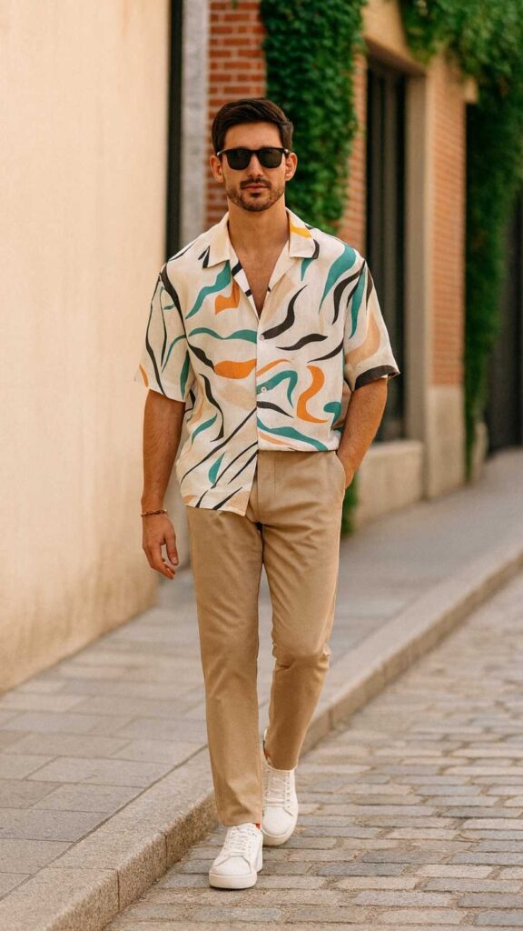Pastel Abstract Brushstroke Shirt + Beige Chinos + White Low-Top Sneakers