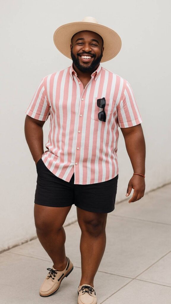 Pink Stripe Oxford Shirt + Black Twill Shorts + Straw Rancher Hat + Boat Shoes