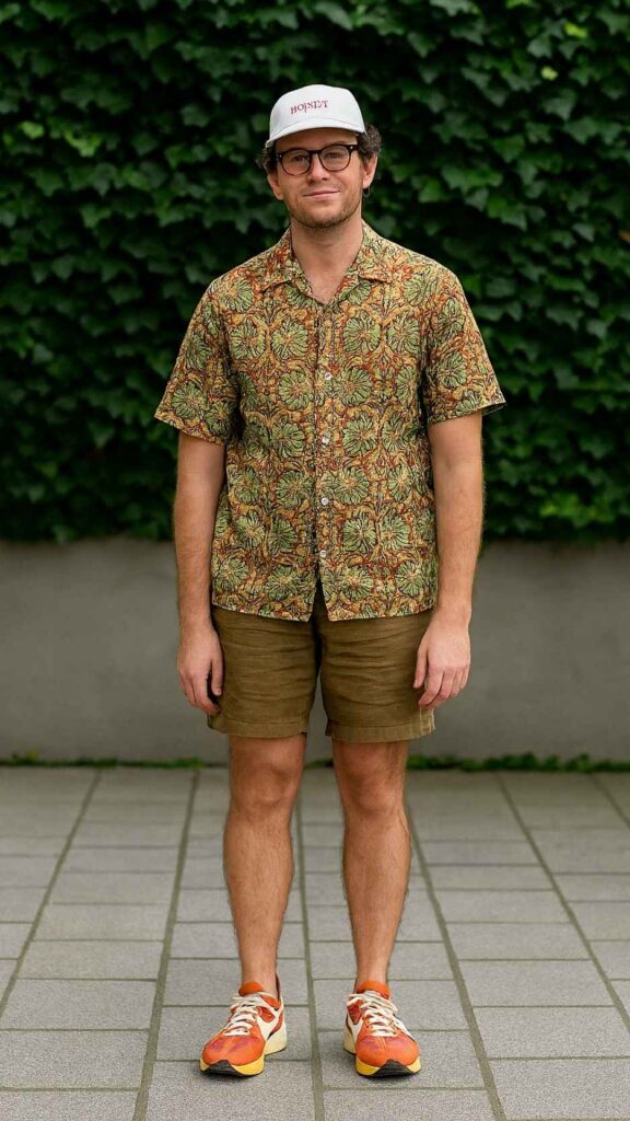 White Logo Cap + Green Micro-Print Shirt + Brown Utility Shorts + Orange Retro Runners