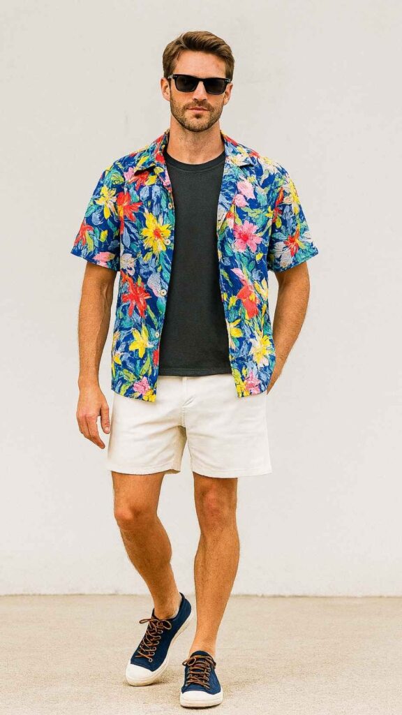 Charcoal Pocket Tee + Rainbow Floral Shirt (Open) + Off-White Chino Shorts + Navy Canvas High-Tops with Tan Laces