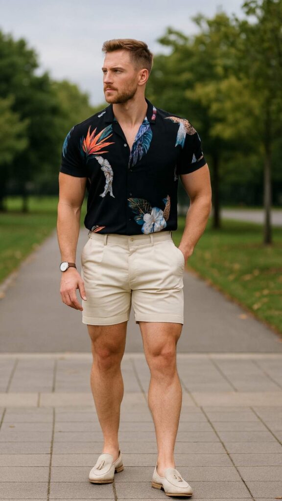Black Botanical Shirt + Ivory Tailored Shorts + Beige Tassel Loafers + Leather Watch