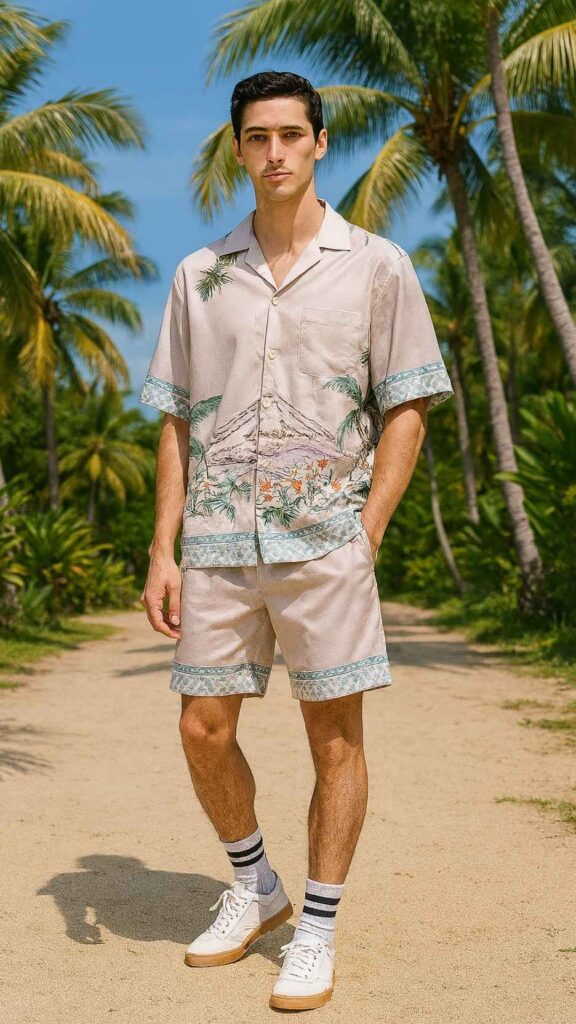 Lavender Scenic Silk Shirt + Matching Silk Shorts + Striped Crew Socks + White Gum-Sole Court Sneakers