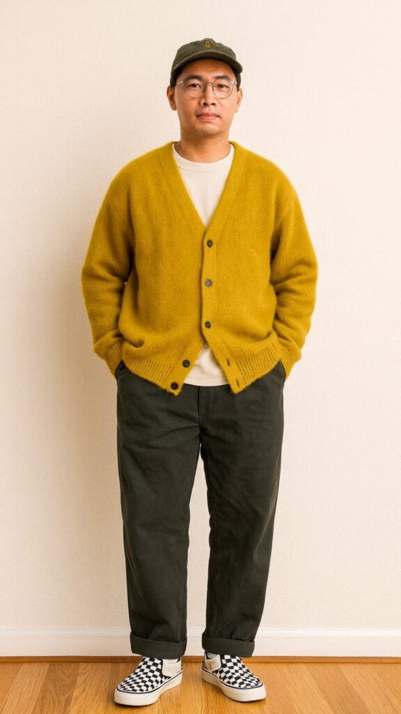 Mustard Fuzzy Cardigan + Beige Tee + Dark-Olive Loose Trousers + Checkerboard Slip-On Sneakers + Olive Cap + Round Glasses