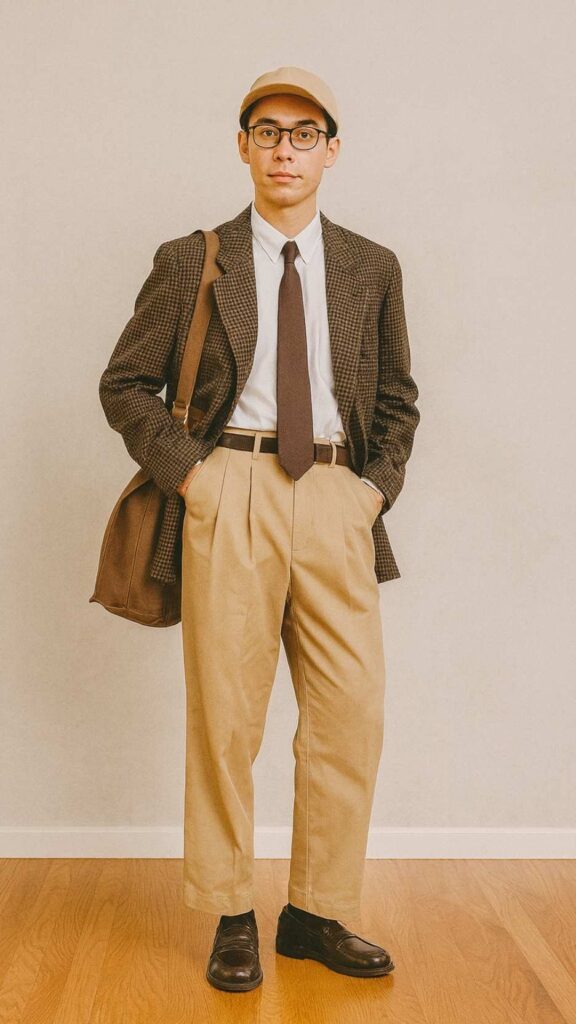 Brown Houndstooth Double-Breasted Blazer + White Dress Shirt + Chocolate Tie + Sand Wide Pleated Trousers + Dark Brown Loafers + Beige Baseball Cap + Brown Canvas Tote + Tie Bar