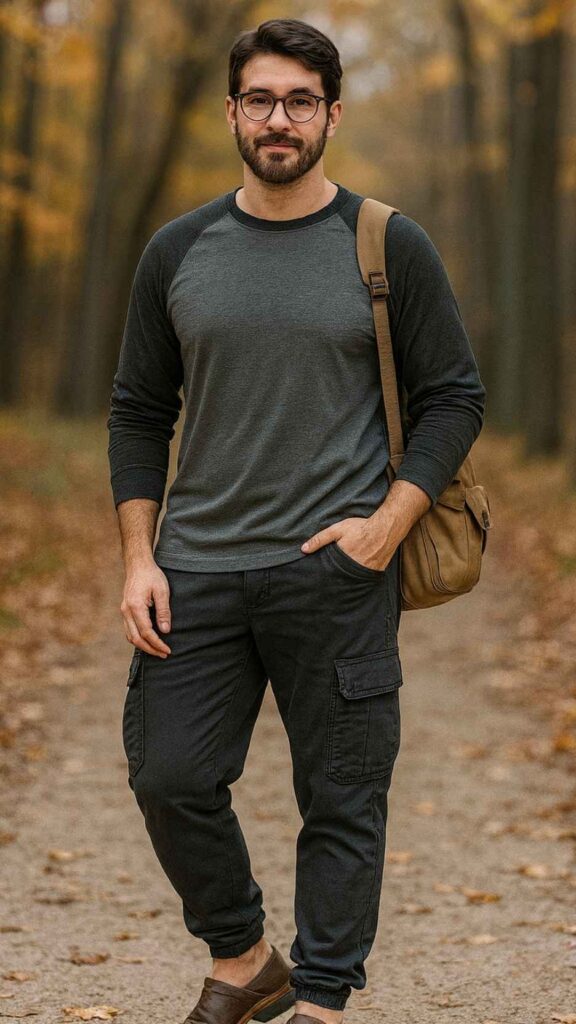 Gray Raglan Long-Sleeve Tee + Charcoal Cargo Joggers + Brown Leather Clogs + Tan Crossbody Work Bag