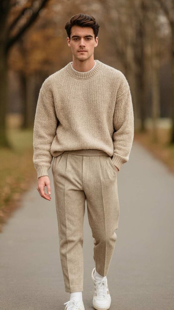 Oatmeal Chunky Crewneck Sweater + White Tee + Beige Pleated Wool Trousers + White Leather Sneakers + White Socks