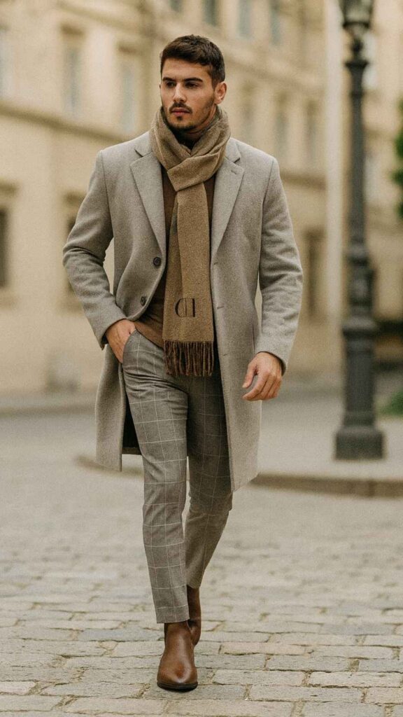 Light-Gray Overcoat + Camel Turtleneck + Light-Gray Plaid Trousers + Brown Leather Chelsea Boots
