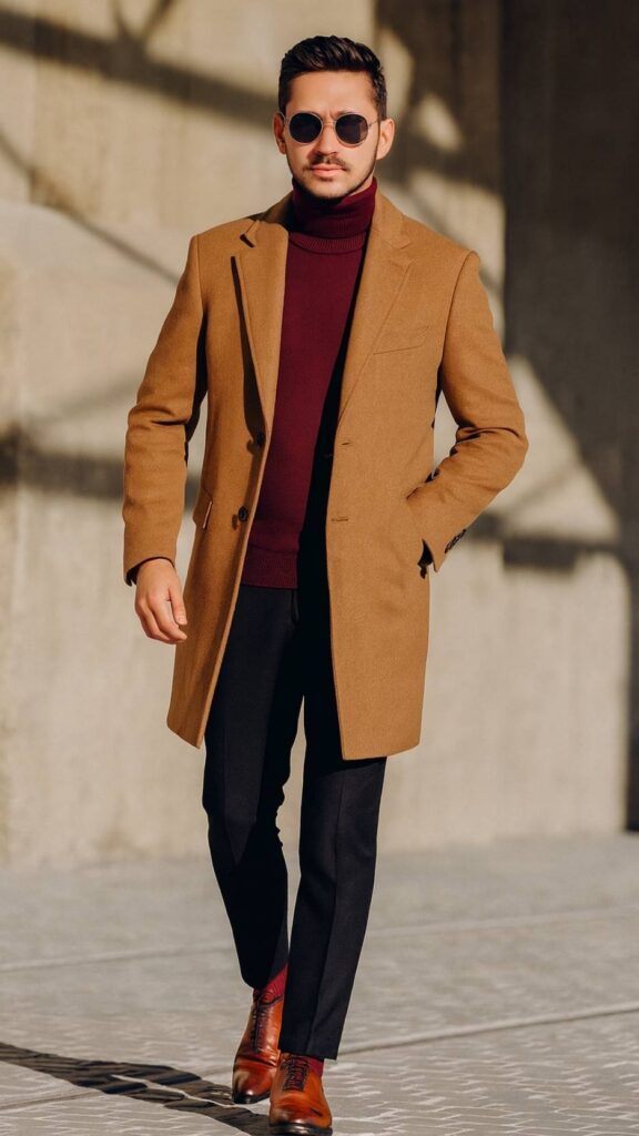 Rich Contrast Tailoring – Camel Overcoat + Burgundy Turtleneck + Charcoal Dress Trousers + Tan Leather Oxford Shoes