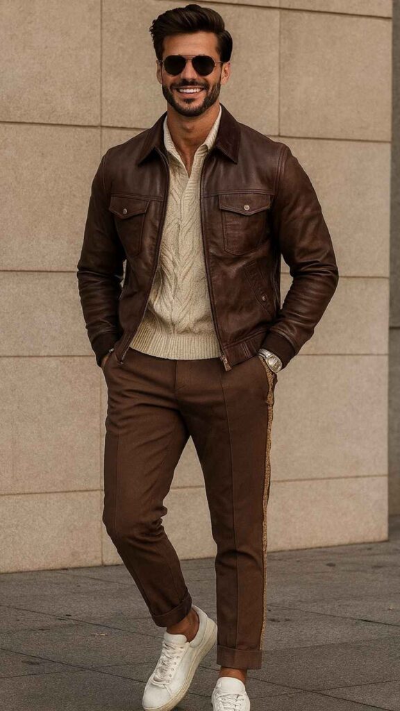 Brown Leather Bomber Jacket + Cream Cable-Knit Zip-Collar Sweater + Tailored Brown Trousers (Side Trim) + White Low-Top Sneakers + Aviator Sunglasses