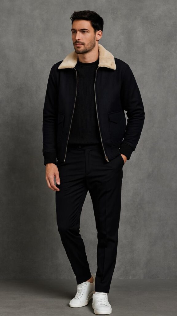 Black Bomber Jacket With Shearling Collar + Black Textured Knit Sweater + Black Tailored Trousers + White Minimalist Sneakers