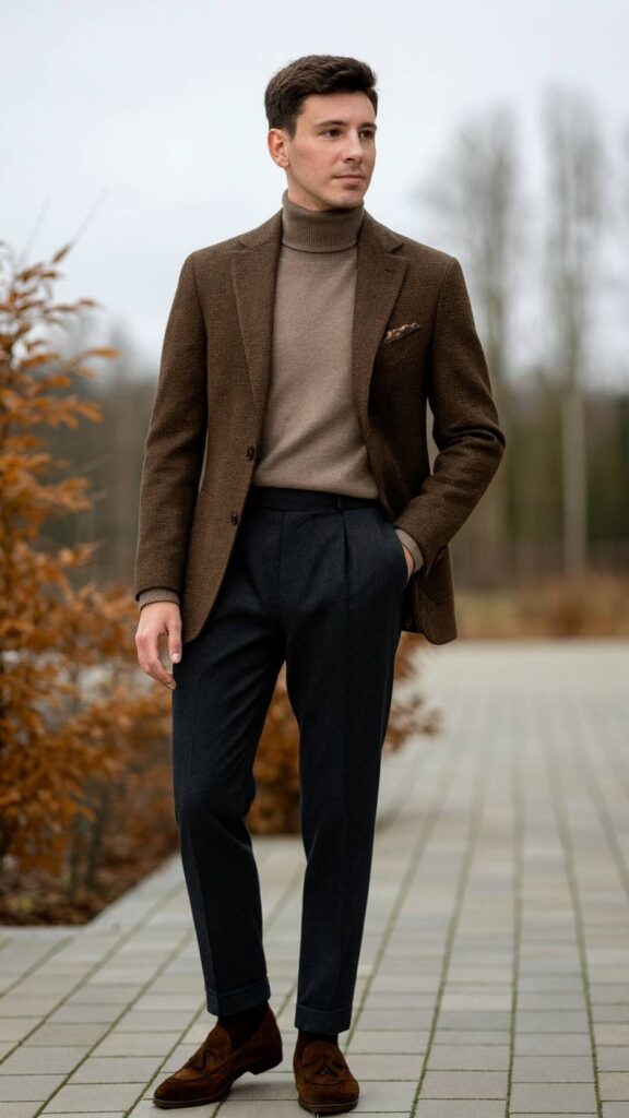 Brown Check Blazer + Taupe Turtleneck + Charcoal Pleated Wool Trousers + Brown Suede Tassel Loafers