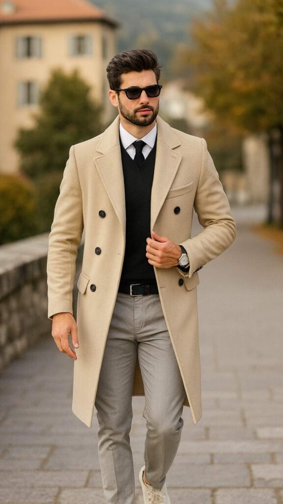 Beige Double-Breasted Trench Coat + Navy Sweater + Light Blue Dress Shirt + Light Grey Chinos + White Leather Sneakers