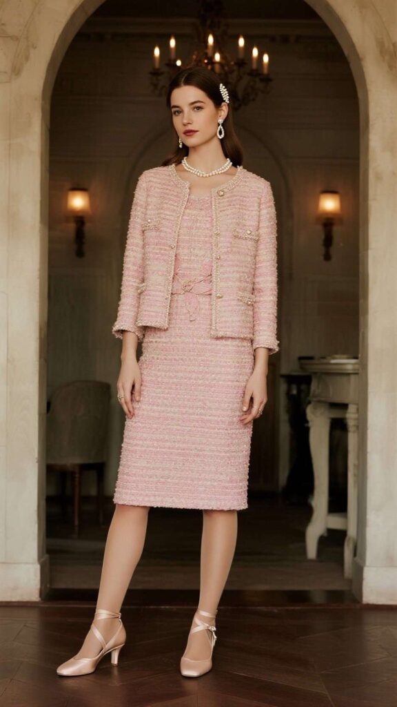 Pearl hair clip + teardrop earrings + floral brocade fit-and-flare + cropped pearl cardigan + semi-opaque tights + ballet pumps