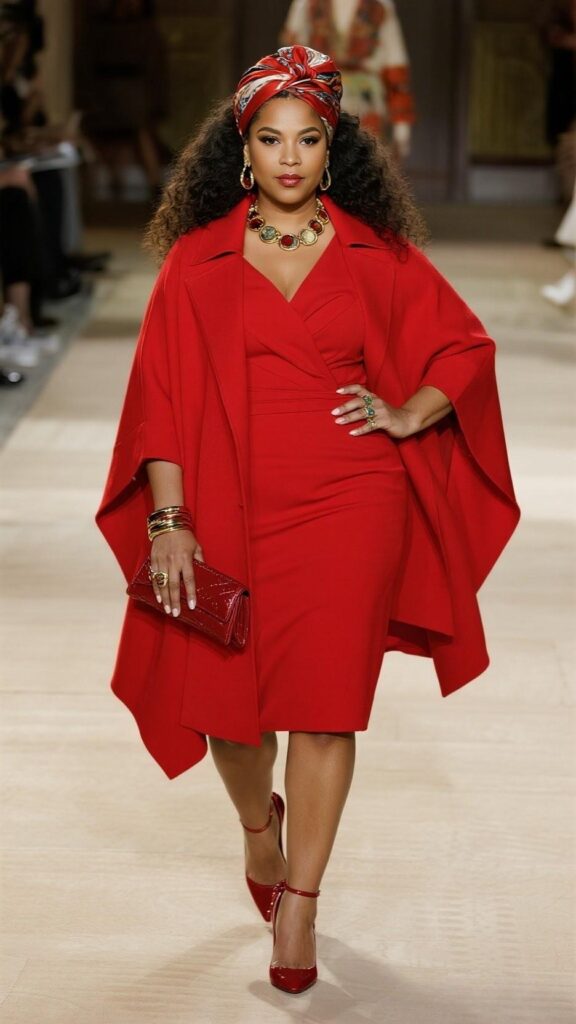 Silk scarf headwrap + loose curls + threader earrings + coin necklace + red wrap dress + cape blazer + layered bangles + envelope clutch + tapered heels