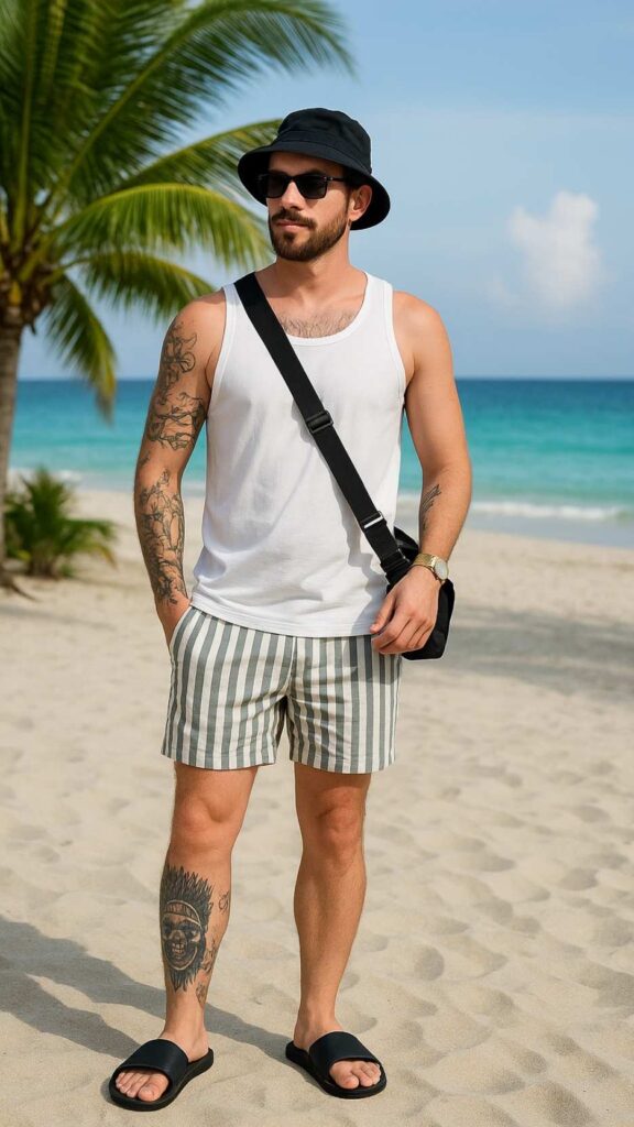 White Tank Top + Green Striped Shorts + Black Slides + Bucket Hat + Crossbody Bag + Sunglasses