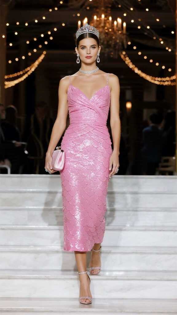 Crystal Tiara + Teardrop Drop Earrings + Statement Collar + Pink Mermaid Midi HOCO Dress + Satin Clutch + Slingback Pumps