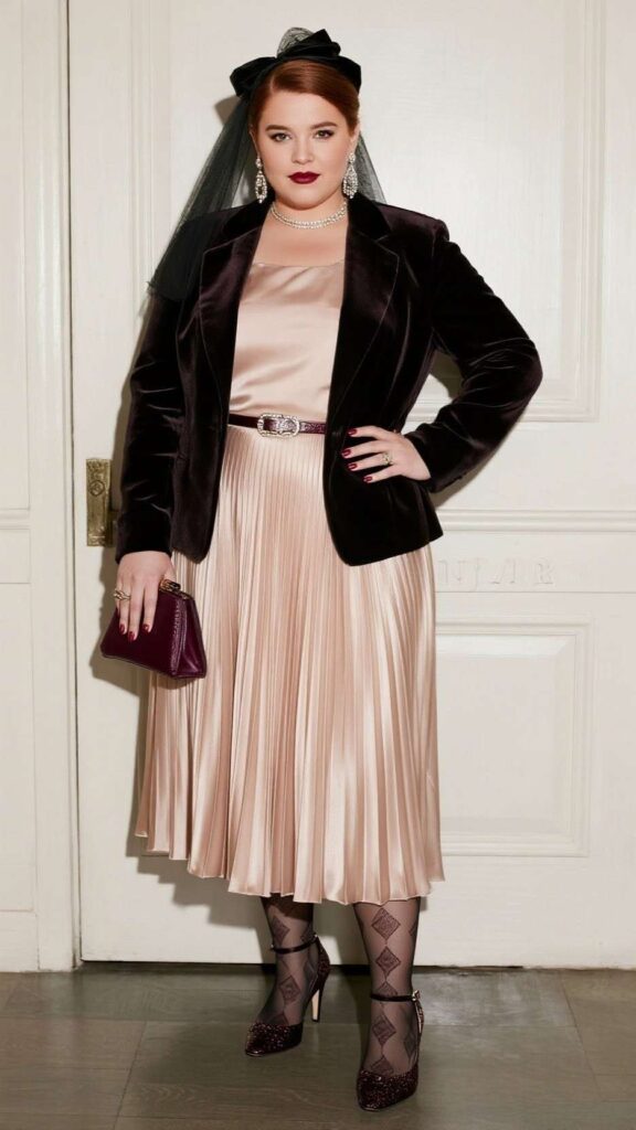 Headband with mini veil + chandelier earrings + bar necklace + velvet blazer + pleated satin midi dress + wide belt + structured clutch + wine manicure + patterned tights + block-heel sandals