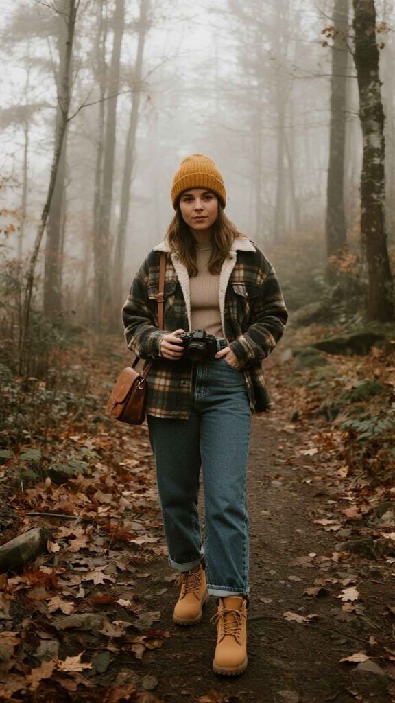 Wool Beanie + Brushed-Flannel Shacket + Thermal Tee + Wide-Leg Jeans + Lug-Sole Hikers + Crossbody Camera Bag