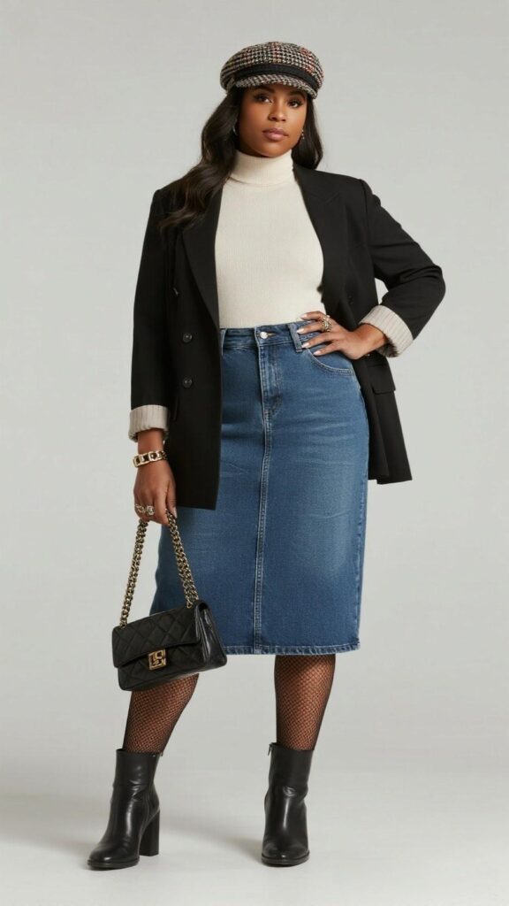 Baker Boy Cap + Double-Breasted Blazer + Turtleneck Bodysuit + Paneled Denim Midi Skirt + Microfishnet Tights + Square-Toe Boots + Chain-Handle Bag + Statement Cuff