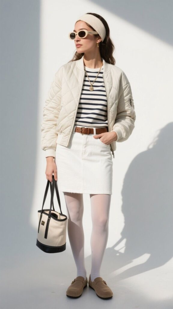 Padded Headband + Oval Sunglasses + Quilted Bomber + Breton Stripe Tee + White Jean Skirt + Semi-Opaque Tights + Clogs + Leather Belt + Bucket Bag + Pendant Necklace