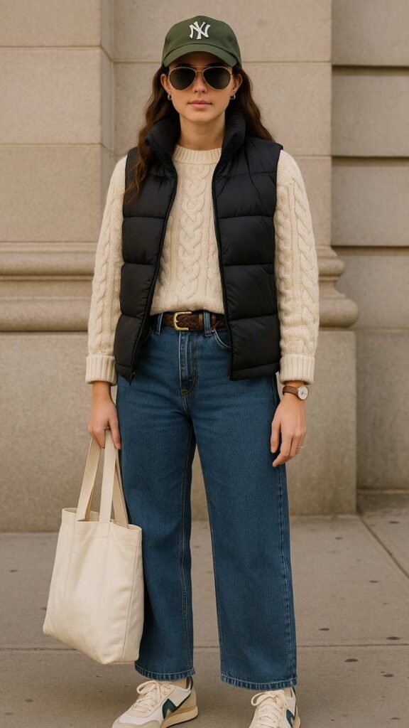 Baseball cap + cable-knit sweater + matte puffer vest + wide-leg jeans + braided leather belt + retro runners + canvas tote + aviator sunglasses + merino socks + watch