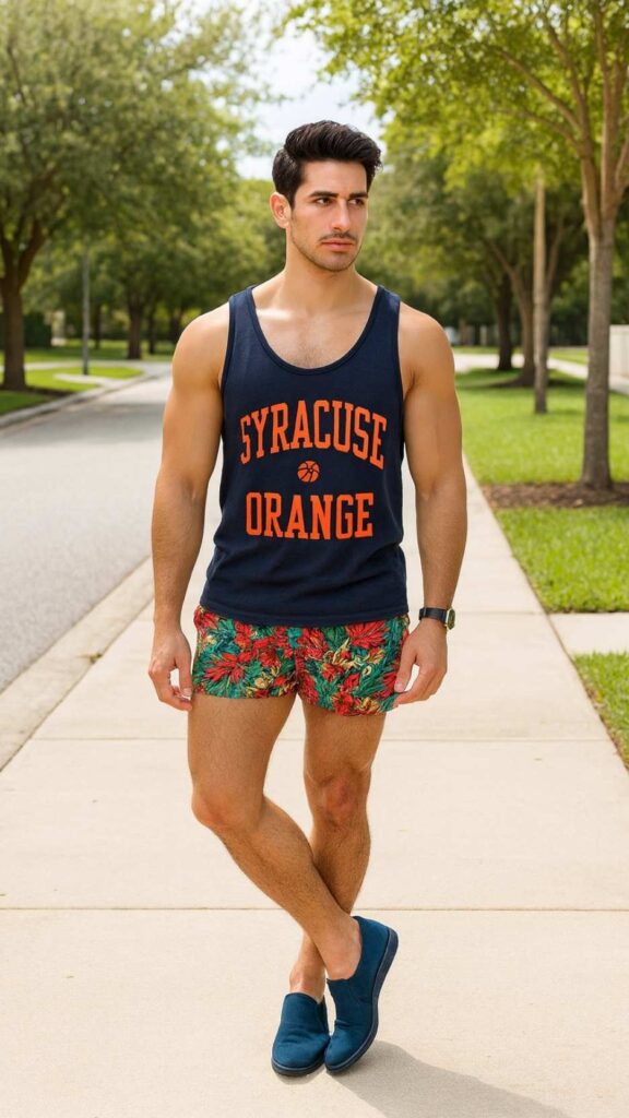 Graphic Tank Top + Tropical Print Shorts + Blue Sneakers