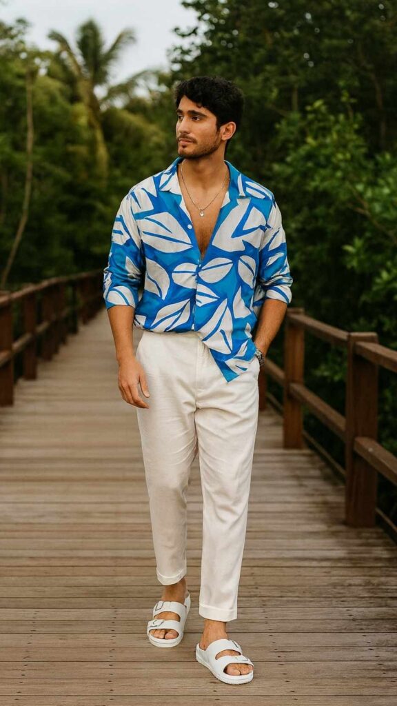 Cobalt Leaf-Print Deep-V Shirt + White Linen Trousers + White Leather Sandals