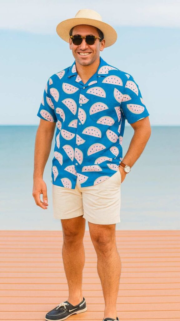 Watermelon Print Shirt + Stone Chino Shorts + Navy Deck Shoes + Panama Hat