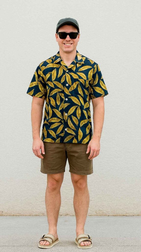 Olive Baseball Cap + Navy Banana-Print Shirt + Mocha Chino Shorts + Beige Slide Sandals