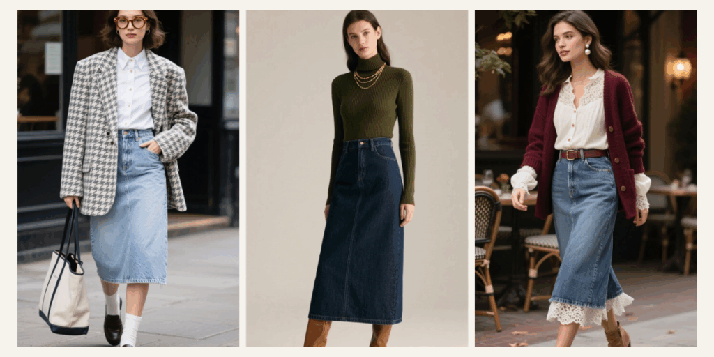 10 Cozy, Chic & Timeless Jean Skirt Outfits for Women This Fall