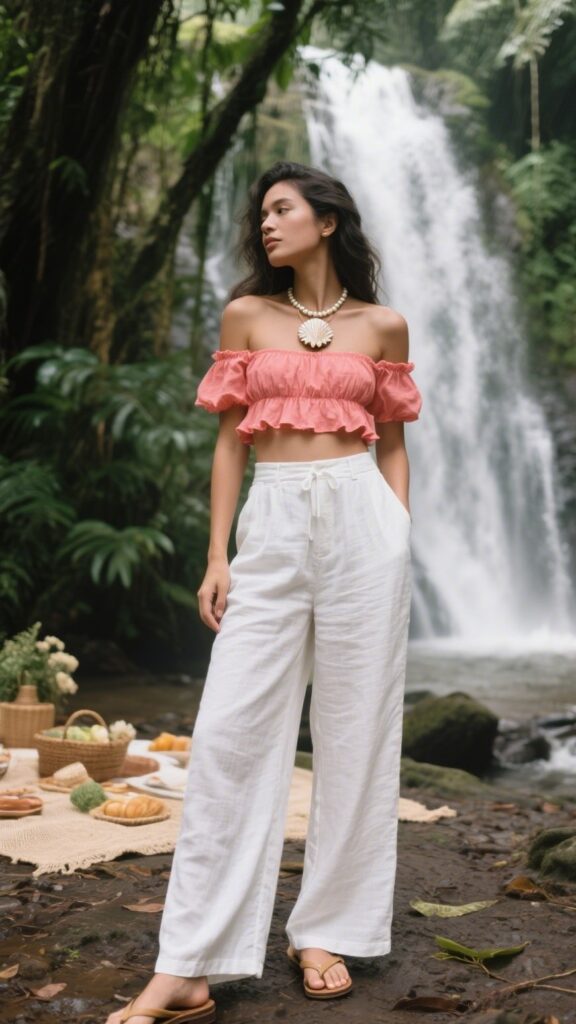 2. Linen Wide-Leg Pants + Ruffled Crop Top + Shell Necklace | Waterfall Hideaway