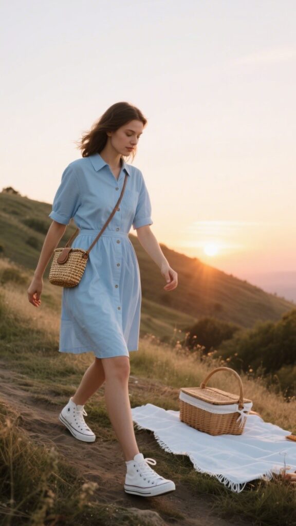 4. Button-Up Sundress + Canvas Sneakers + Woven Crossbody | Sunset Hilltop Picnic