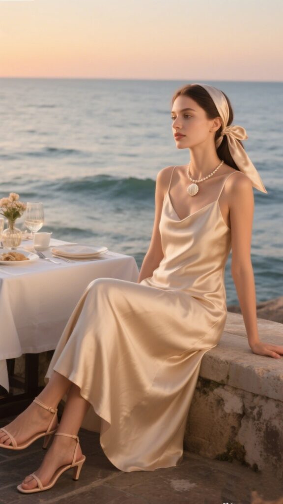 1. Satin Slip Dress + Shell Necklace + Strappy Heels | Oceanview Dinner