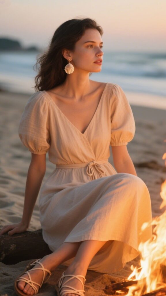 7. Puff Sleeve Dress + Shell Drop Earrings + Lace-Up Sandals | Beach Bonfire Date