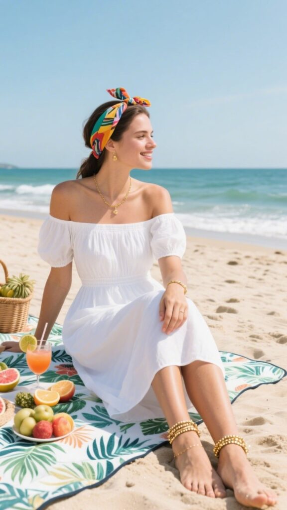 8. Off-Shoulder Midi Dress + Scarf Headband + Barefoot Anklets | Picnic on the Sand
