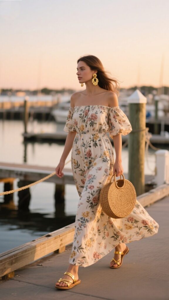 2. Off-Shoulder Maxi Dress + Rattan Bag + Gold Sandals | Sunset Dockside Walk