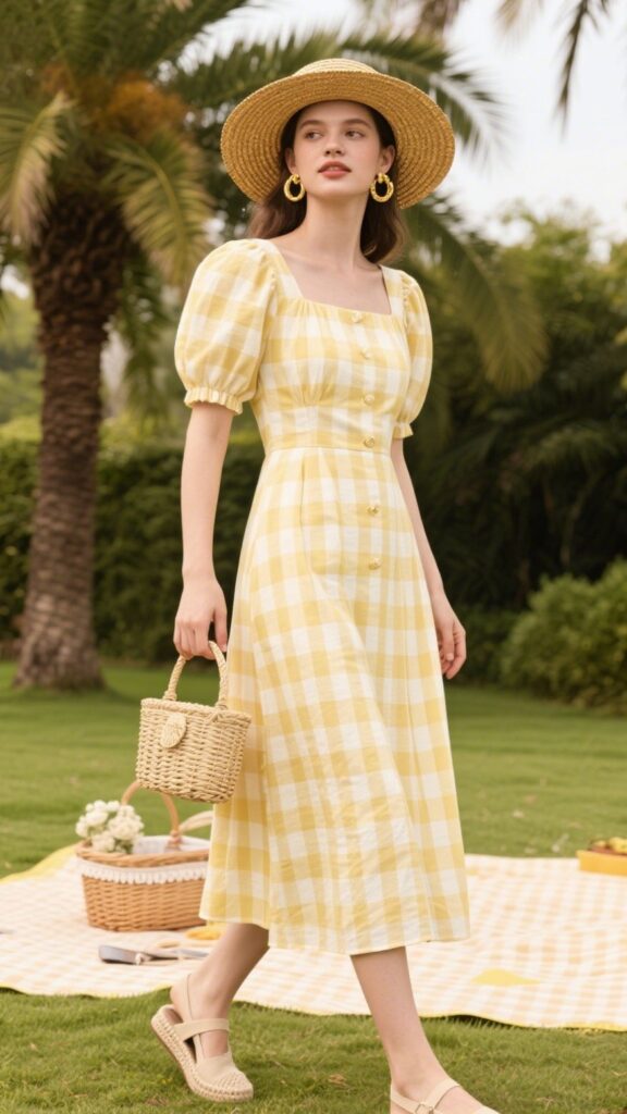 1. Gingham Midi Dress + Woven Hat + Espadrilles | Classic Picnic Charm