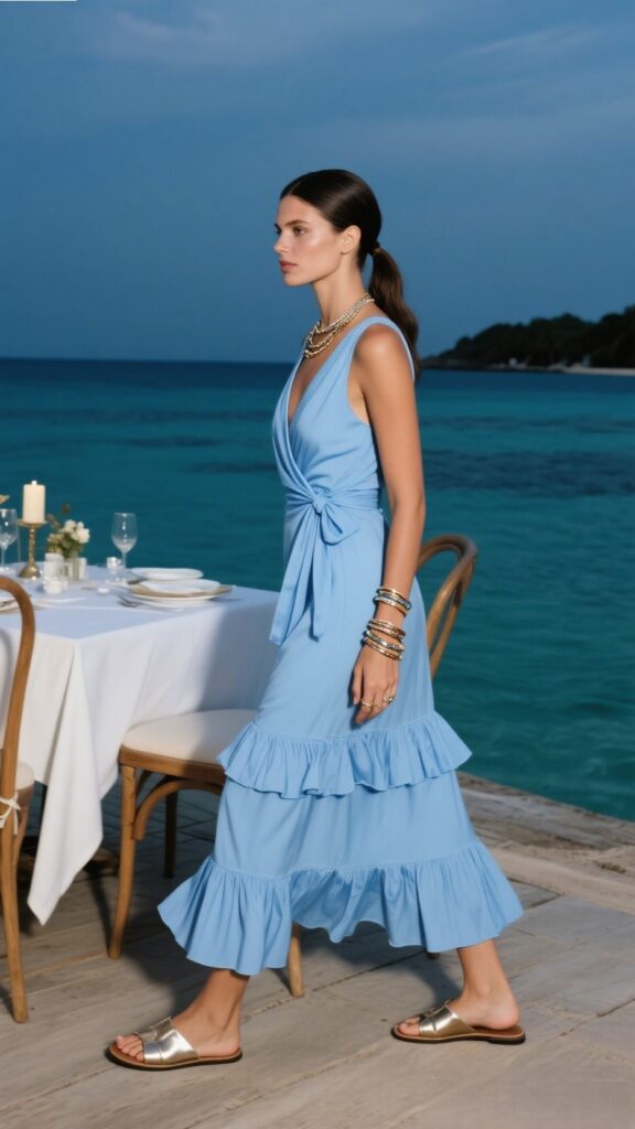 9. Ruffle Wrap Dress + Metallic Slides + Layered Bracelets | Lagoon-Side Dinner