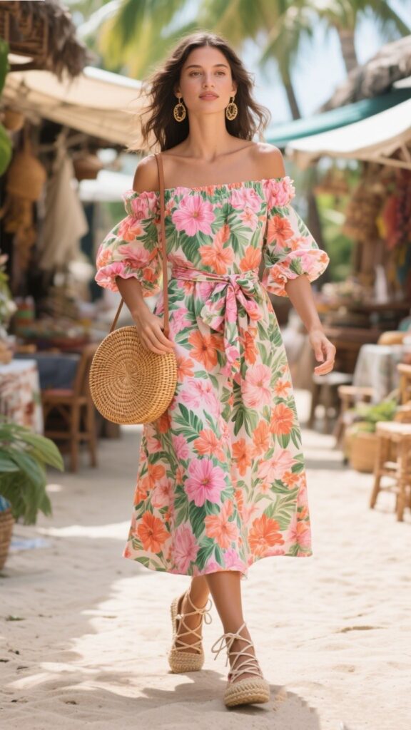 🌸 3. Tropical Florals & Rattan Touches