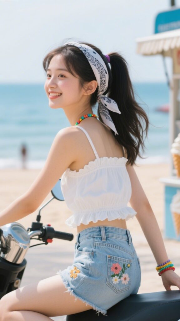 🌺 8. Frilly Tank & Denim Shorts