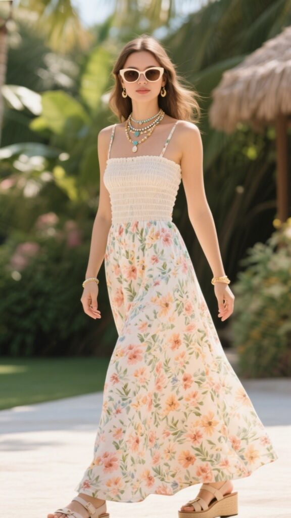 3. Sleeveless Smocked Maxi Dress in Floral 🌺👡