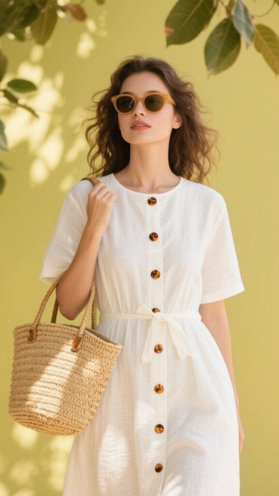 1. White Linen Button-Down Dress + Straw Tote + Wavy Hair 🌼👜🌊