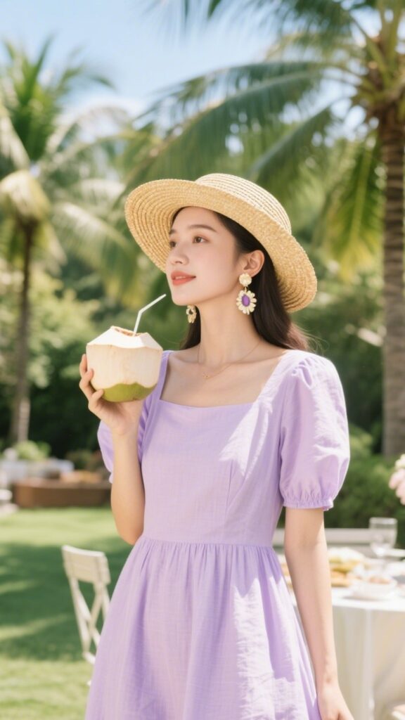 9. Pale Lavender Puff Sleeve Linen + Coconut Drink + Straw Visor 🍹💜👒