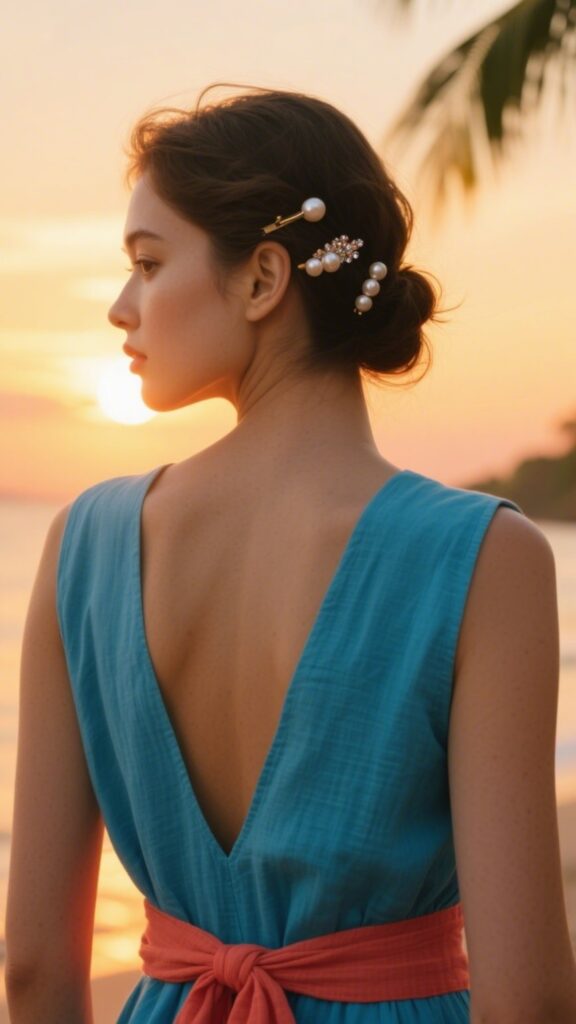 10. Backless Linen Dress + Pearl Hair Clips + Sunset Backdrop 🎇🪞🌅