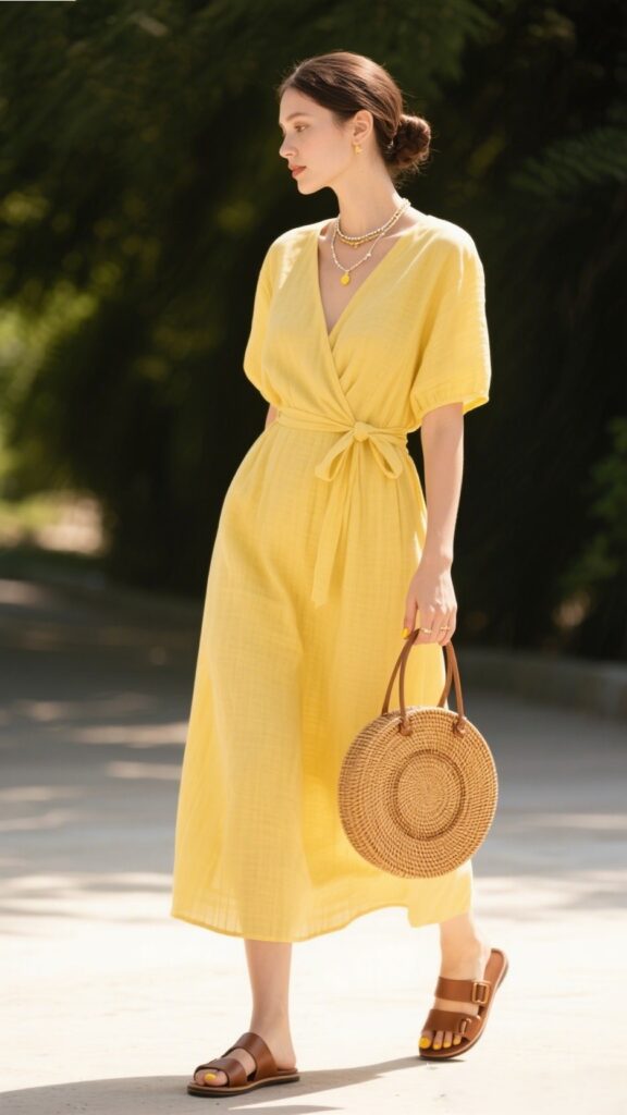 2. Butter Yellow Linen Wrap Dress + Rattan Bag + Low Bun 🍋🌼🧺