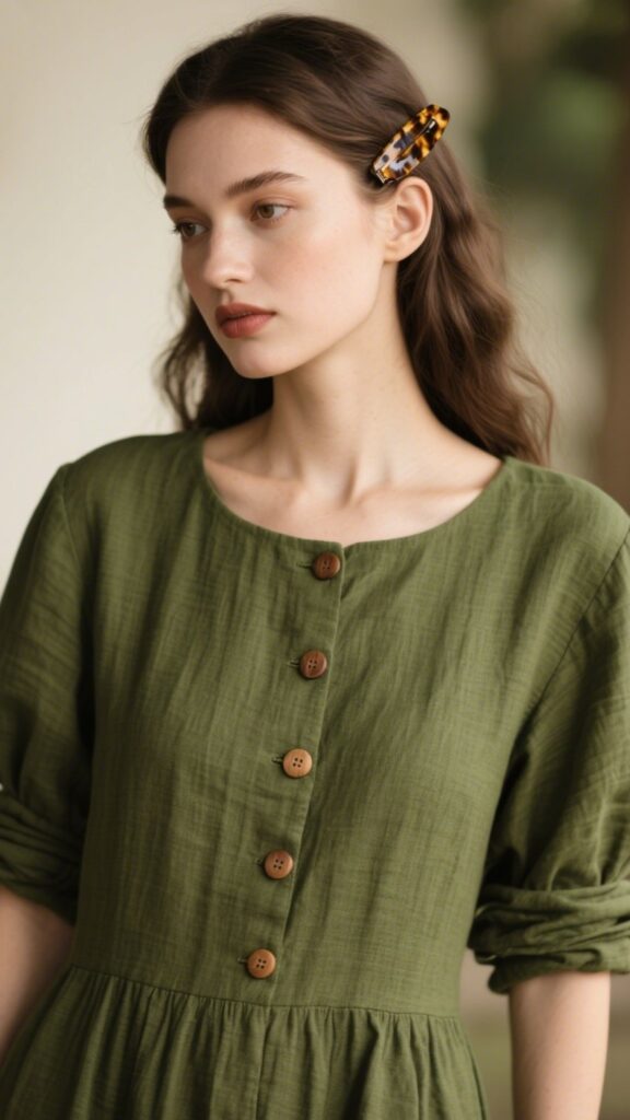 5. Olive Green Linen Button Dress + Hair Clip + Natural Brows 🌿🧷✨